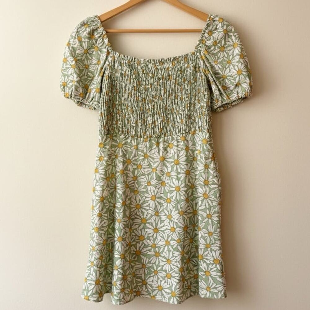 Cottagecore Daisy Smocked Mini Dress | Puff Sleeve Milkmaid Picnic Dress Linen S